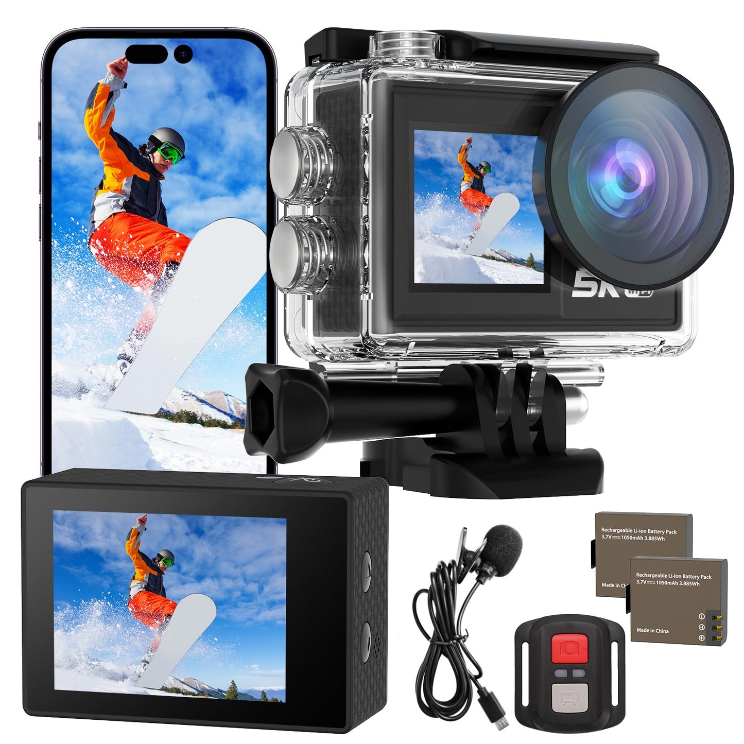 Ourlife 5K Action Camera Waterproof Sport Camera with Dual ScreenAnti-Shake WiFi Video Camera 5K/30FPS 4K/30 60FPS 720P Adjustable with 32GB SD Card 2 Batterie Dual Slot Charging Dock