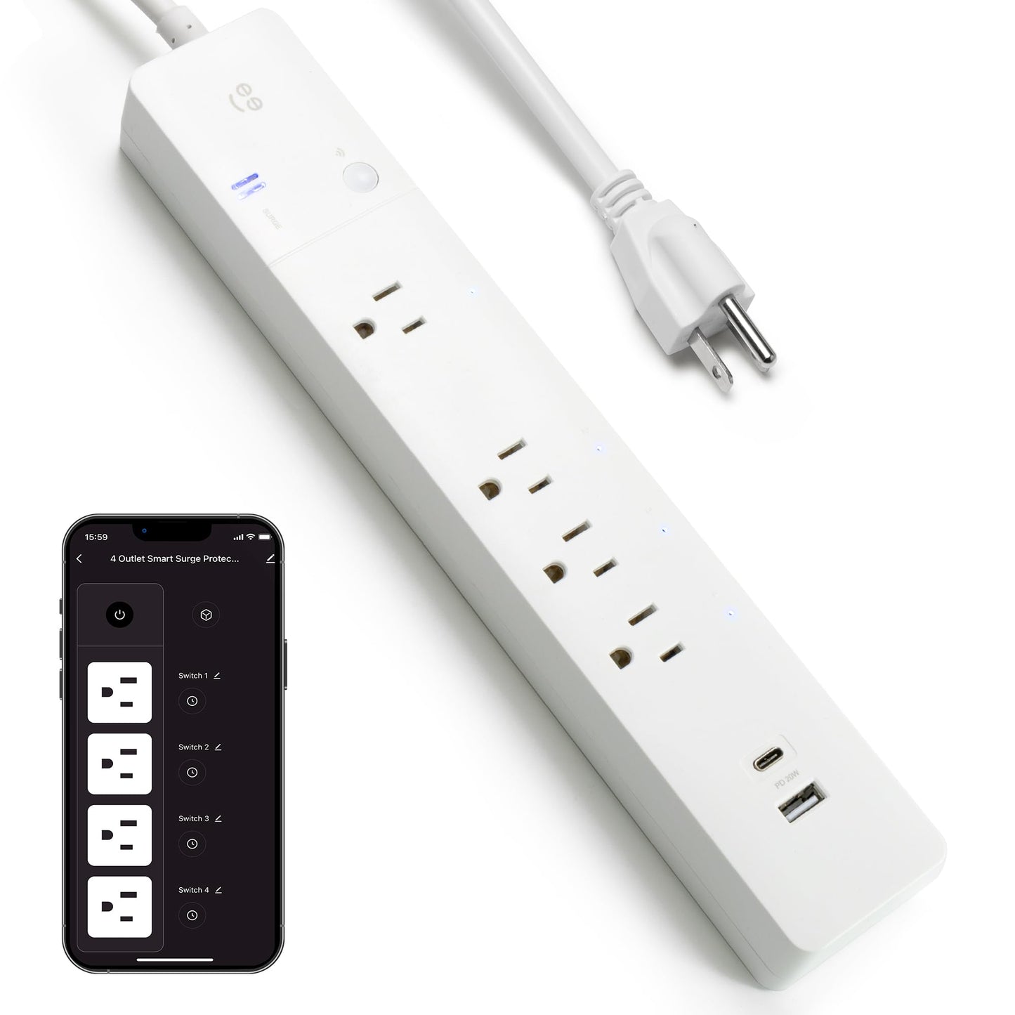 Geeni Multi Outlet Plug in Smart 4 Outlet Wall Plug Plus 2 USB Ports Surge Protector with 6 Ft Cord WiFi Control Alexa & Google Home Compatible White